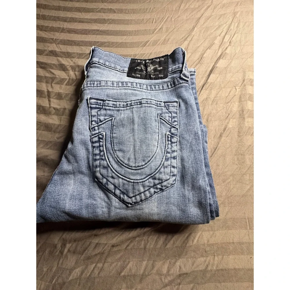 True Religion World Tour Straight Leg Light Wash Blue‎ Denim Jeans Mens 33x32